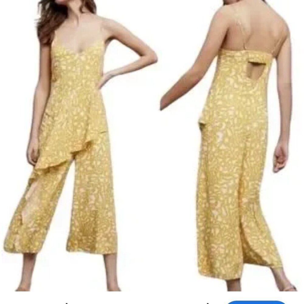 ANTHROPOLOGIE MAEVE size 6 GOLDENROD RUFFLE CROP WIDE LEG BRITTANY JUMPSUIT